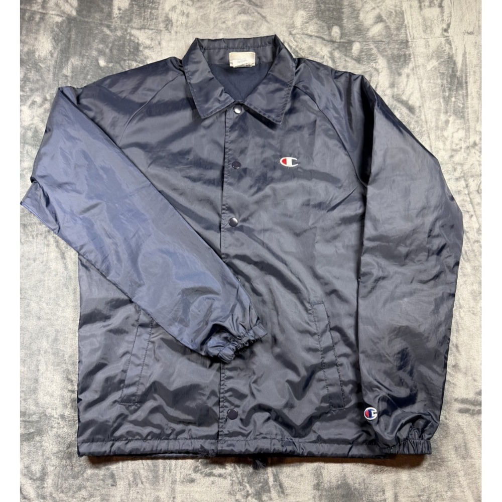 Champion Navy Coach Jacket Men's S Snap Front Retro Streetwear